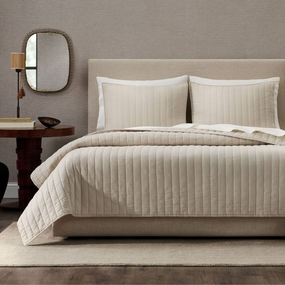 Jeremiah Brent Home 3pc King Channel Rice Stitch Gauze Quilt Set Beige